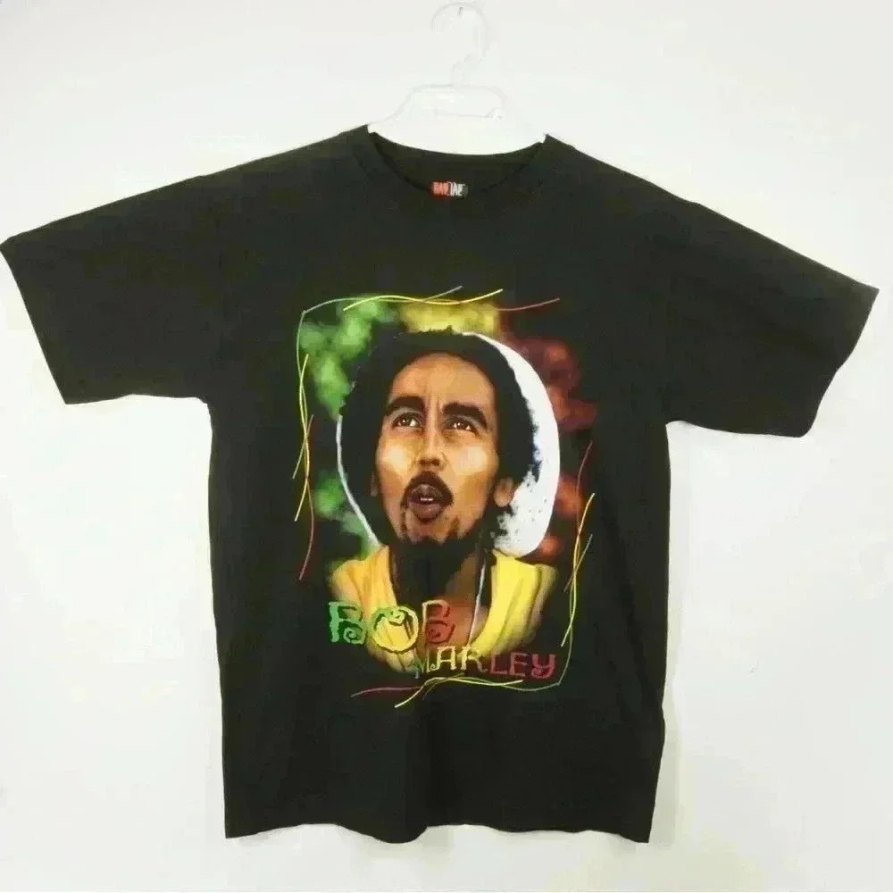 Vintage 90s Y2K Bob Marley Music Rasta Airbrush Style Black Short Sleeve Shirt